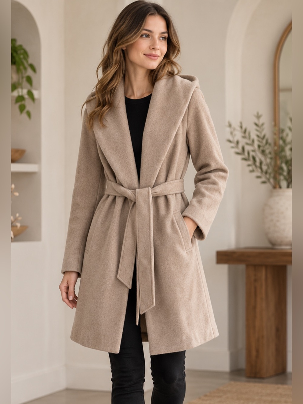 Zara abrigo beige con capucha y cinturón talla XS